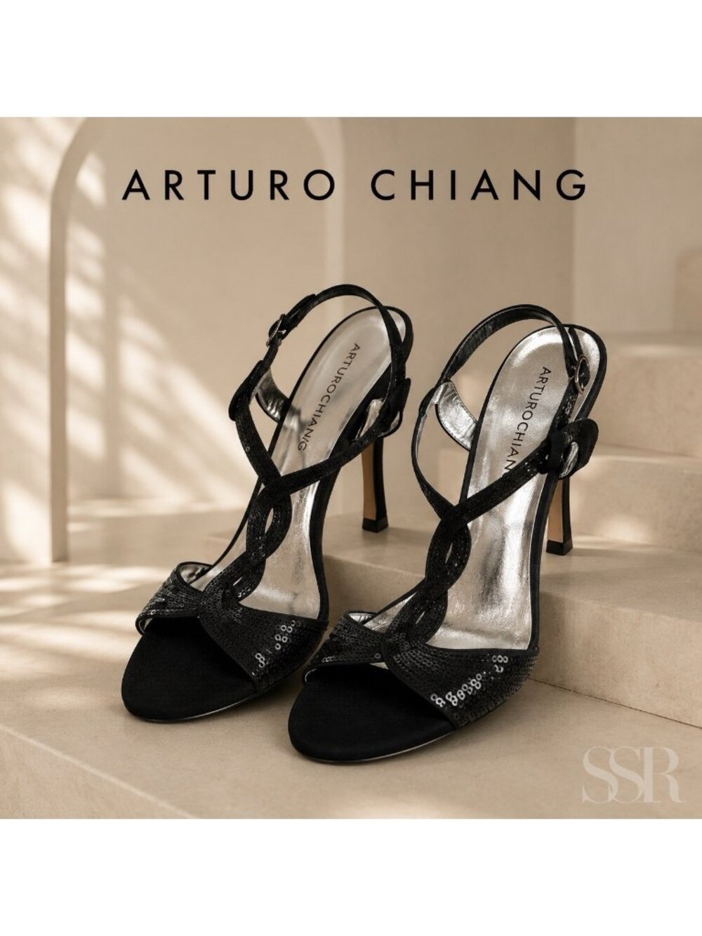 Arturo Chiang Bliss Black Sequin Strappy Stiletto Slingback Sandals NWOB Sz 8.5M
